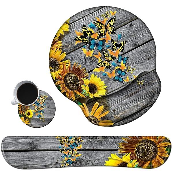 Ergonomic Keyboard & Mouse Wrist Rest Set: Sunflower Butterfly Design for Comfort & Style in Home Office