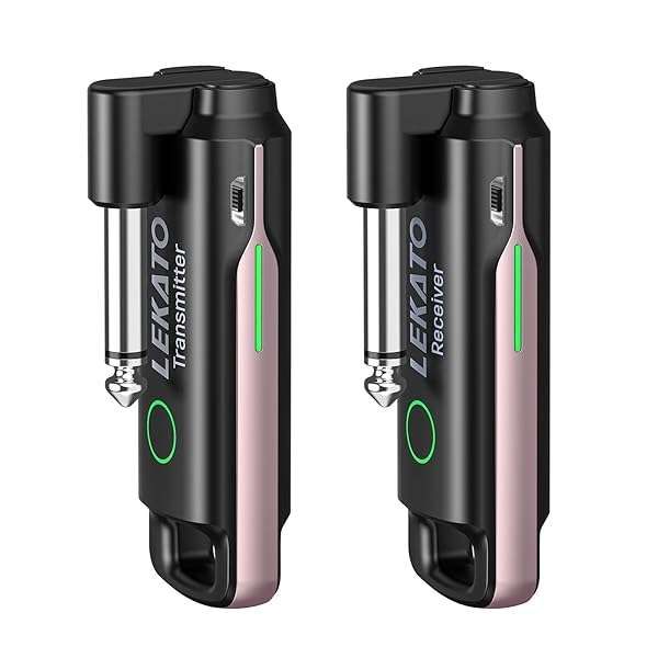LEKATO UHF Wireless Guitar System - Rechargeable Transmitter & Receiver for Electric Instruments (70 Channels, Pink)
