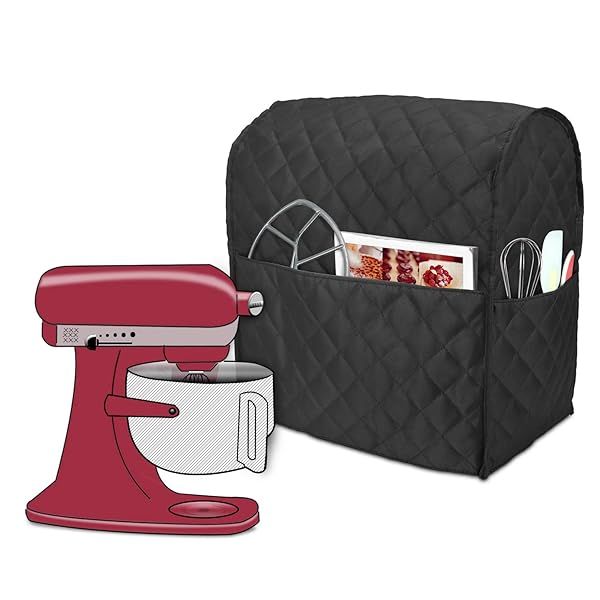 Luxja Dust Cover for 6-8 Quart Stand Mixer - Quilted Fabric with Pockets for Accessories, Black
