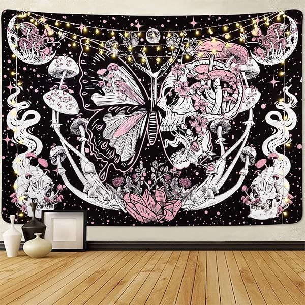 Lyacmy Skull & Mushroom Tapestry - Aesthetic Wall Hanging for Room Decor (70.9 x 92.5 in) - Moth, Moon & Stars, Snake Design