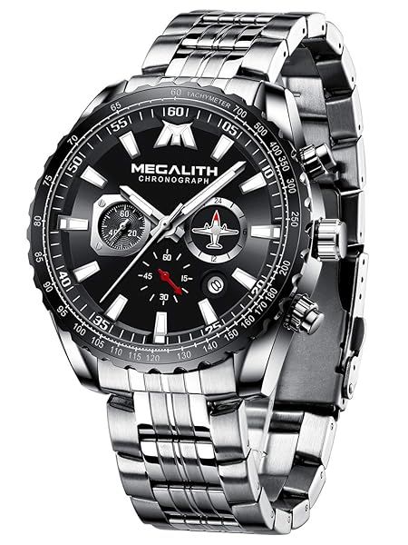 MEGALITH Mens Watches with Stainless Steel Waterproof Analog Quartz Fashion Business Chronograph Watch for Men, Auto Date