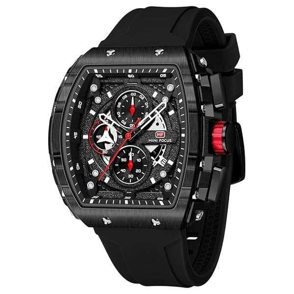 MF MINI FOCUS Men's Tonneau Watch: Waterproof, Chronograph, Luminous, & Stylish Silicon Strap Quartz Timepiece