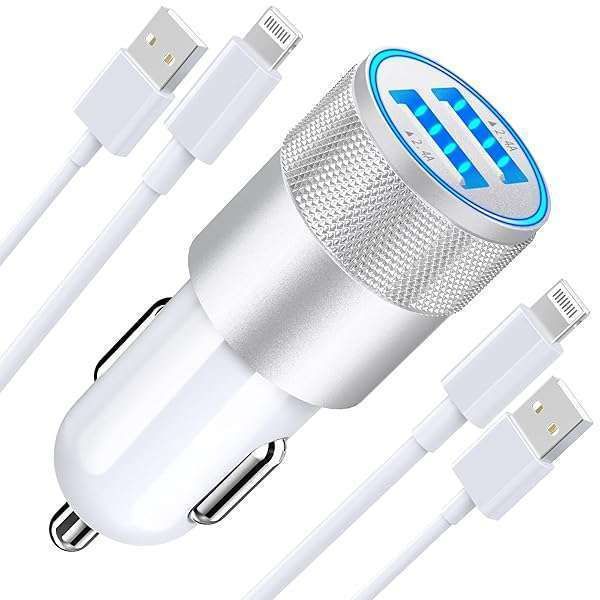 Braveridge MFi Certified iPhone Fast Car Charger - 4.8A Dual USB Adapter & 2 Lightning Cables for iPhone 14/13/12/11 Pro