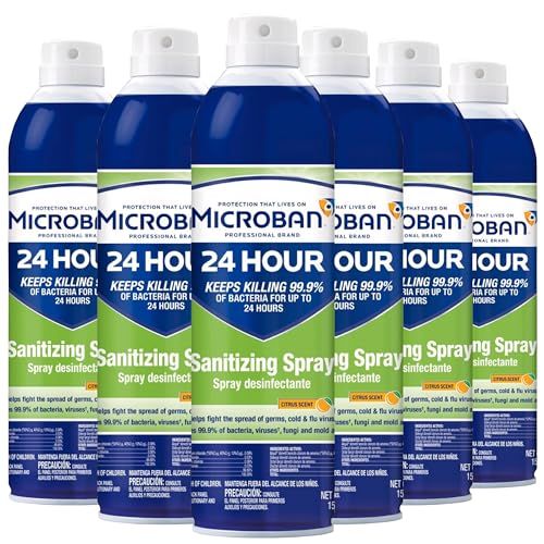 Microban 24 Hour Sanitizing Spray - 6 Cans, 15 fl oz Each | Long-Lasting Protection Against Germs