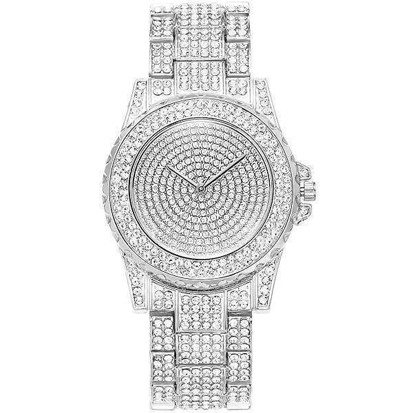 ManChDa Ladies Iced Out Quartz Watch - Glacier Silver, Rhinestones, Stainless Steel Band, Analog Display