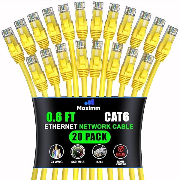 Maximm Cat 6 Ethernet Cable 0.6 ft (20-Pack) - High-Speed 10Gbps LAN & Network Cables - Yellow UTP Patch Cord