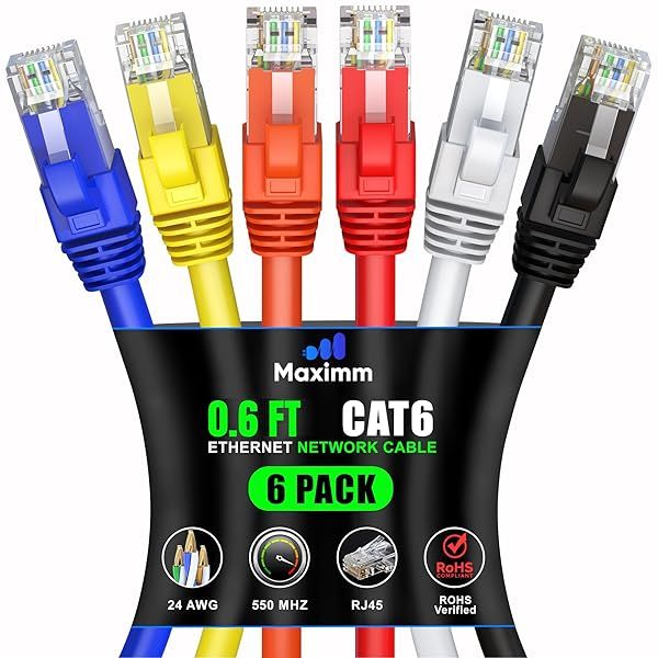 Maximm Cat 6 Ethernet Cable 0.6 ft (6-Pack) - High-Speed 10Gbps LAN & Network Cables - UTP, 550MHz, Multicolor
