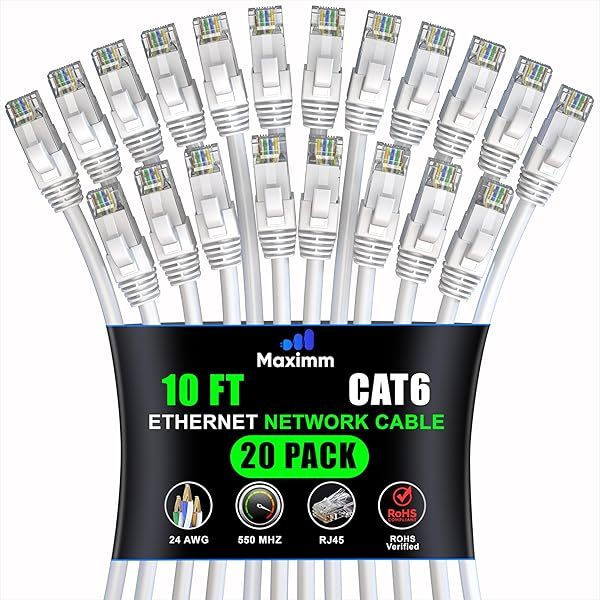 Maximm Cat 6 Ethernet Cable 10ft (20-Pack) - High-Speed 10Gbps LAN & Network Cables - UTP, 550MHz, White