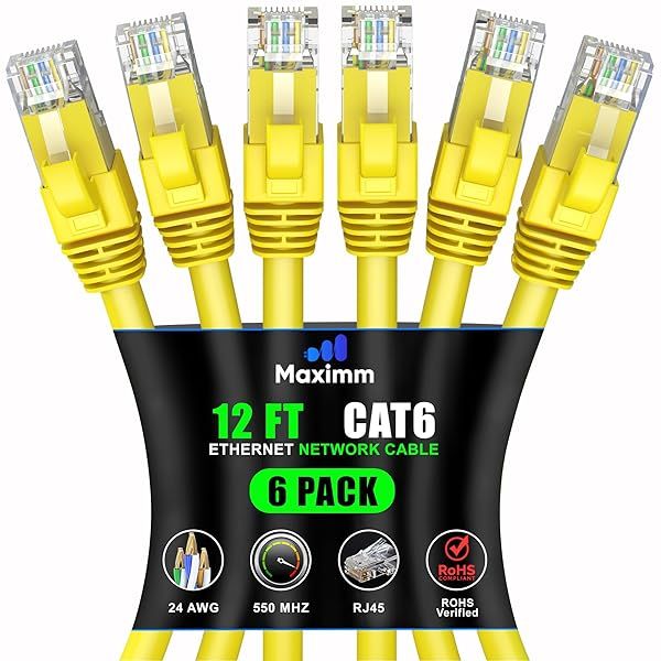 Maximm Cat 6 Ethernet Cable 12ft (6-Pack) - High-Speed 10Gbps LAN & Network Cable - Yellow UTP Patch Cord