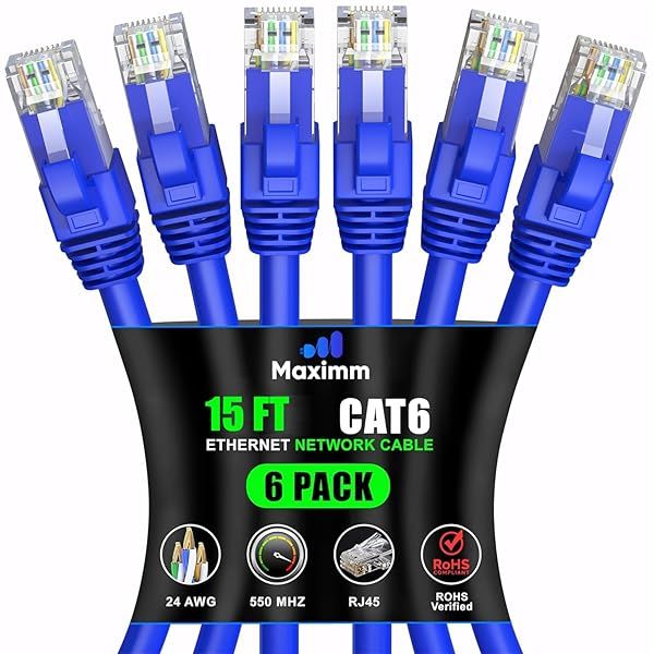 Maximm Cat 6 Ethernet Cable 15 ft (6-Pack) - High-Speed 10Gbps LAN & Network Cables - UTP, 550MHz, Blue