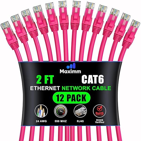 Maximm Cat 6 Ethernet Cable 2ft (12-Pack) - High-Speed 10Gbps Network Cable - Pink UTP for LAN & Internet