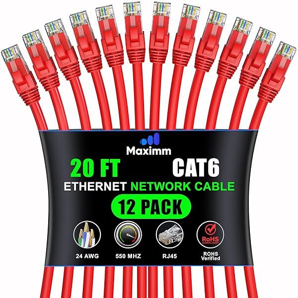 Maximm Cat 6 Ethernet Cable 20ft (12-Pack) - High-Speed 10Gbps LAN Network Cable - Red UTP for Fast Internet & Patch Connections