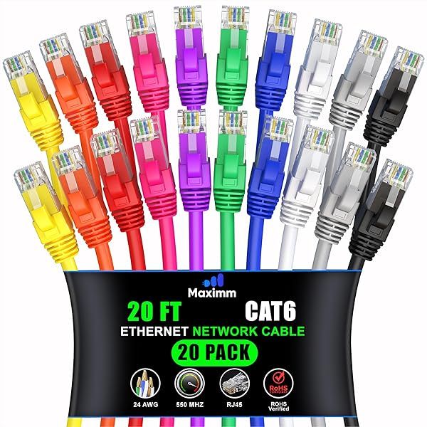 Maximm Cat 6 Ethernet Cable 20 ft (20-Pack) - High-Speed 10Gbps LAN & Network Cables - UTP, 550MHz, Multicolor