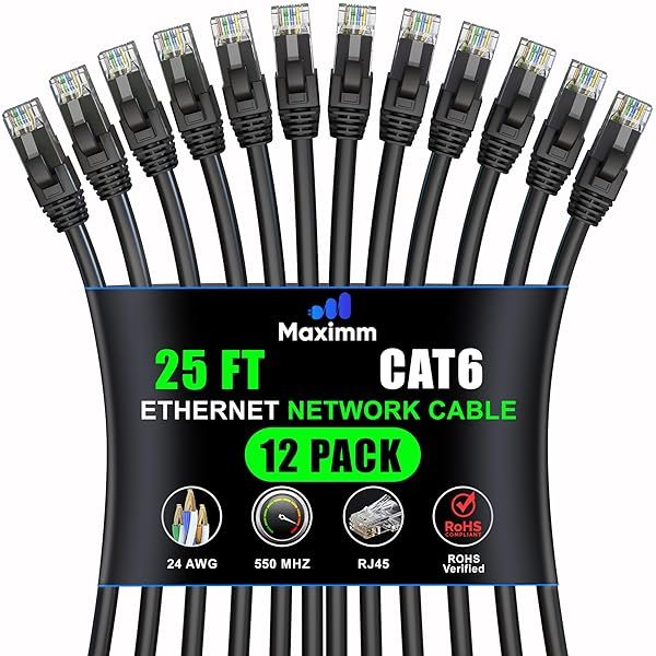 Maximm Cat 6 Ethernet Cable 25 ft (12-Pack) - High-Speed 10Gbps LAN & Network Cables for Fast Internet - UTP, 550MHz, Black
