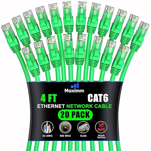 Maximm Cat 6 Ethernet Cable 4ft (20-Pack) - High-Speed 10Gbps LAN & Network Cables - Green UTP Patch Cord