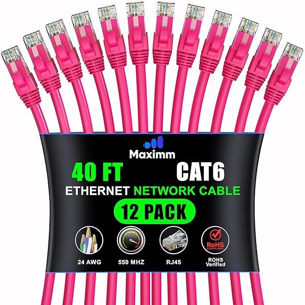Maximm Cat 6 Ethernet Cable 40ft (12-Pack) - High-Speed 10Gbps LAN & Internet Cable - Pink UTP Network Cord