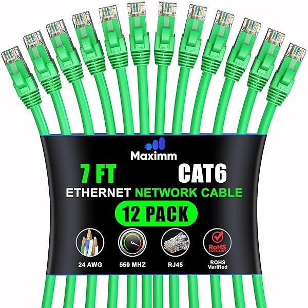 Maximm Cat 6 Ethernet Cable 7ft (12-Pack) - High-Speed 10Gbps LAN & Network Cables - UTP, 550MHz, Green