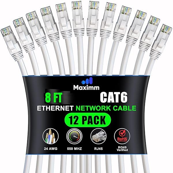 Maximm Cat 6 Ethernet Cable 8ft (12-Pack) - High-Speed 10Gbps LAN & Network Cables - UTP, 550MHz, White