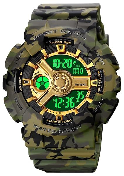 Men's Military Analog Digital LED Watch - Waterproof Quartz Sports Timepiece with Camouflage Green Strap