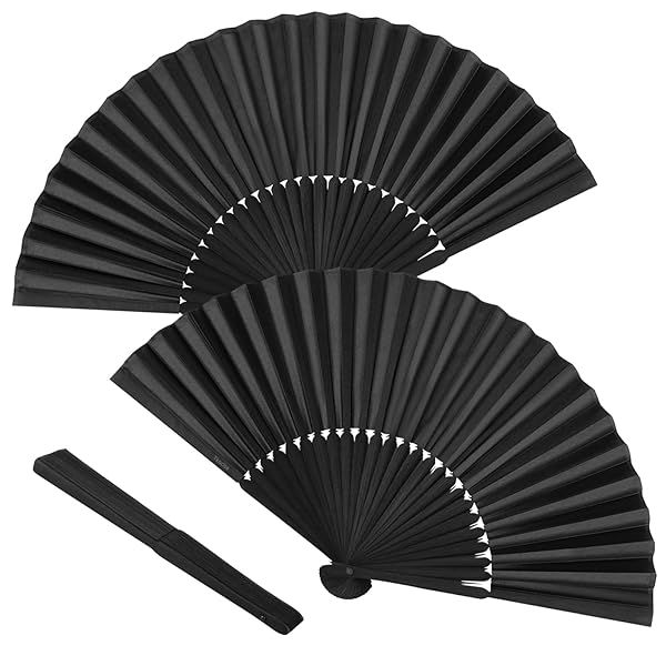 Minelife Tkocisa 2 Pack Bamboo Silk Folding Fans - Vintage Black Hand Fans for Dance, Weddings, Parties & Gifts