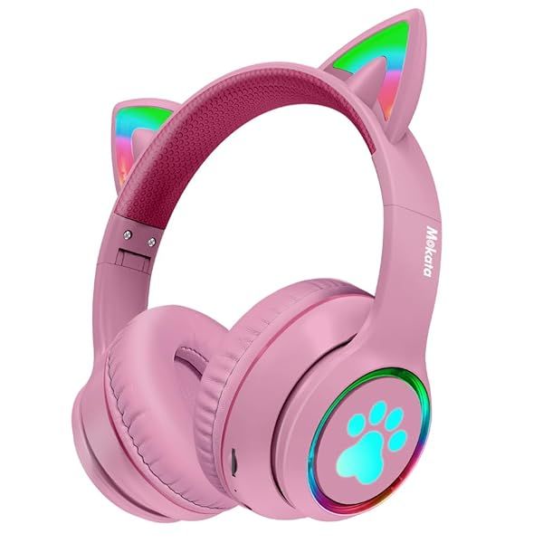 Mokata Cat Ear Headphones: Wireless Bluetooth 5.3, 60H Playtime, LED Light, Foldable Gaming Headset for TV, Tablet, Laptop - Pink