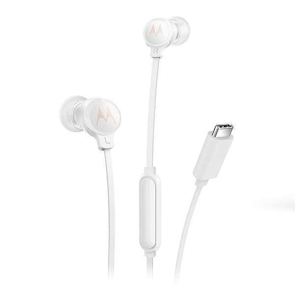 Motorola Sound 3C-S Wired Earbuds: Lightweight USB-C Earbuds with Microphone & Clear Bass Sound - Tangle-Free Design in White