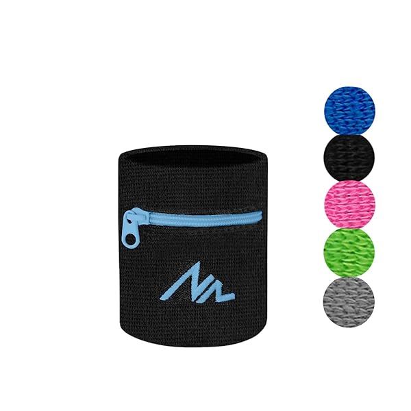 NEWZILL Wrist Wallet Wristband - Zippered Cotton Sweatbands for Sports, Running, Hiking & More - Black/Blue for Men & Women