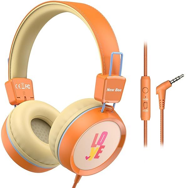 New Bee Kids Headphones KH20: Safe 85dB Volume, Foldable & Lightweight for School - Compatible with PC, Mac, Android & Tablets (Orange)