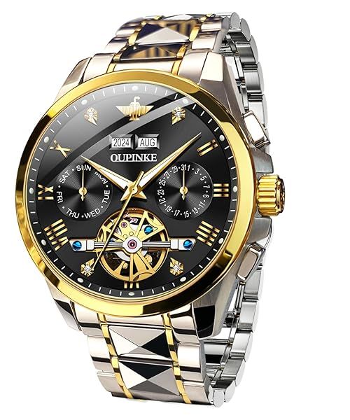 Buy OUPINKE Men's Automatic Tungsten Steel Watch - Waterproof Black Skeleton with Sapphire Calendar