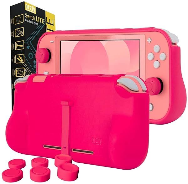 Orzly Grip Case for Nintendo Switch Lite - Padded Hand Grips, Kickstand & Thumb Grips - Pink