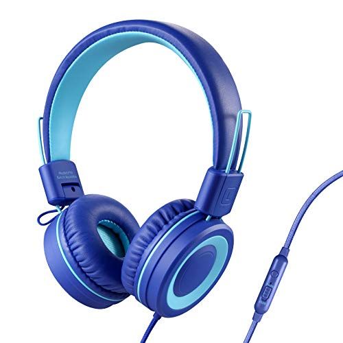 POWMEE P10 Kids Headphones with Microphone - Adjustable Volume, Foldable Design for School & PC (Blue)