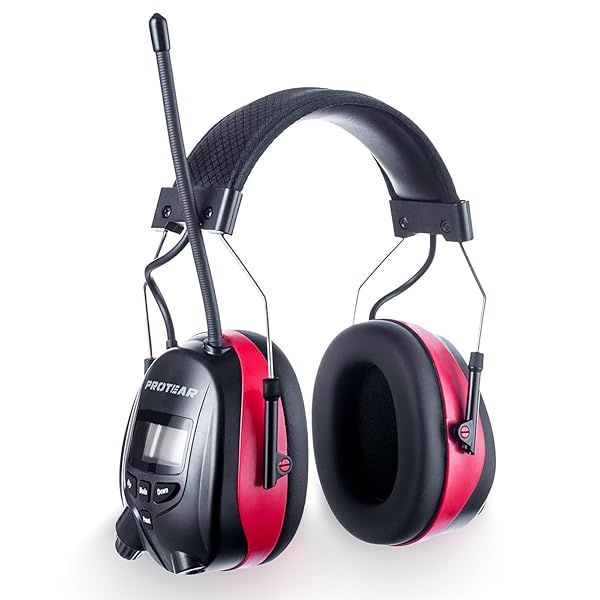 PROTEAR AM/FM Bluetooth Radio Headphones - 25dB NRR Noise Reduction Earmuffs with Mic for Mowing & Work (Rechargeable, Red)