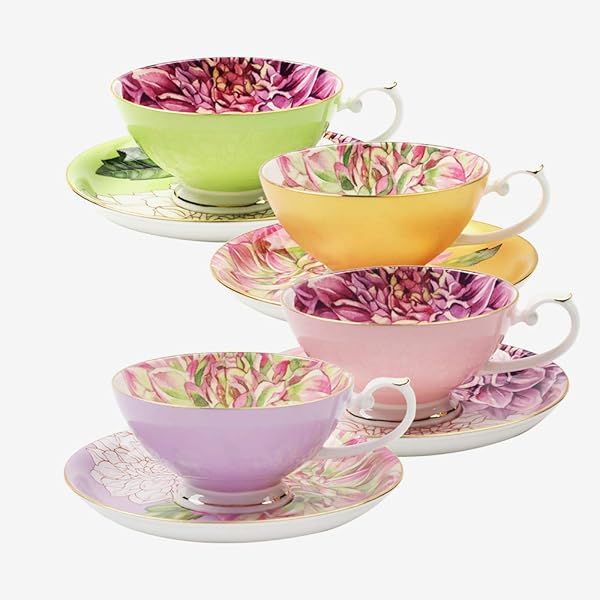 Elegant PULCHRITUDIE Fine Bone China Teacup & Saucer Set - Floral Design, Golden Rim, 8oz, Set of 4 for English Tea Lovers
