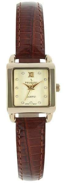 Peugeot 3034BR Ladies Mini Square Watch: Gold Tone, Crystal Accents & Brown Leather Strap