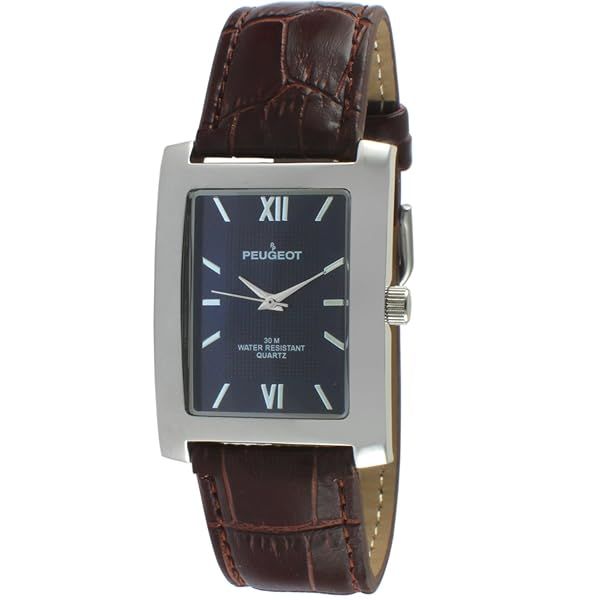 Peugeot Men's Rectangular Textured Roman Numeral Dial Classic Dress Wrist Watch with Leather Strap Band