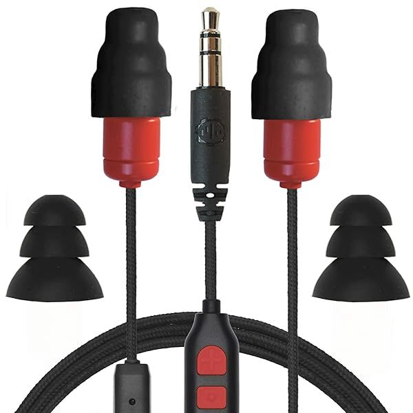Plugfones Protector Plus VL: Noise-Reducing Earplug Earbuds with Mic & Controls - Black & Red
