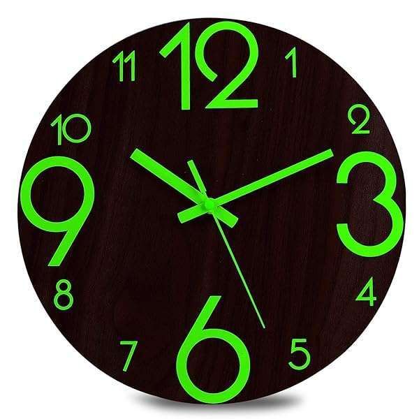 Plumeet 12'' Luminous Wall Clock - Silent, Battery Operated Wooden Clock for Kitchen, Office & Bedroom - Stylish Brown Design