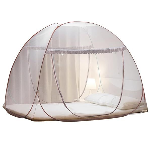 Large Portable Pop-Up Brown Mosquito Net Tent for Beds - Fits Twin to King Size, 2 Entries, Net Bottom, 79x71x59 inches