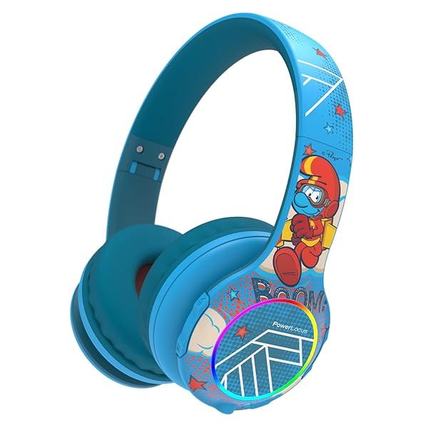 PowerLocus The Smurfs Kids Bluetooth Headphones: LED, Volume Limited, Foldable, Hi-Fi Stereo for School & Travel