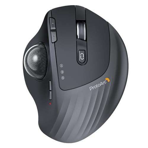 ProtoArc EM01 Wireless Trackball Mouse: Ergonomic Bluetooth Thumb Mouse for PC & Mac - Adjustable Angle & 3 Device Connection