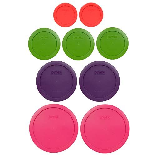 Pyrex 9 Item Bundle: Fuschia, Purple, Lawn Green & Red Lids - Made in the USA