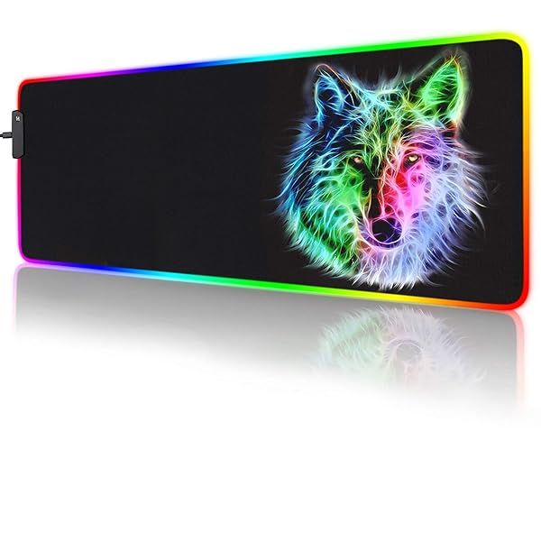 RGB Wolf Gaming Mouse Pad - 14 Light Modes, Soft Non-Slip Base, Large 31.5x12 Inch LED Mouse Mat for PC & Laptop