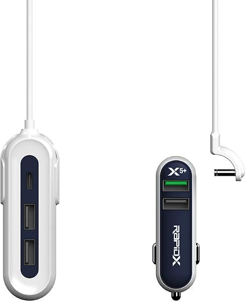 RapidX X5 Plus Car Charger: 5 USB Ports, QC 3.0 & Type C - Fast Charging in Navy