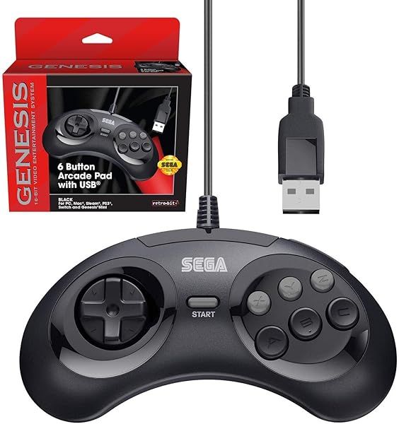 Retro-Bit Sega Genesis USB Controller - 6-Button Arcade Pad for Mini, PS3, PC, Mac, Steam, Switch - Black