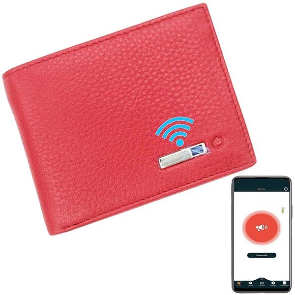SMART LB Anti-Lost Bluetooth Purse: Bifold Cowhide Leather Wallet with Alarm & GPS Tracking (Red, Minimalist Design)