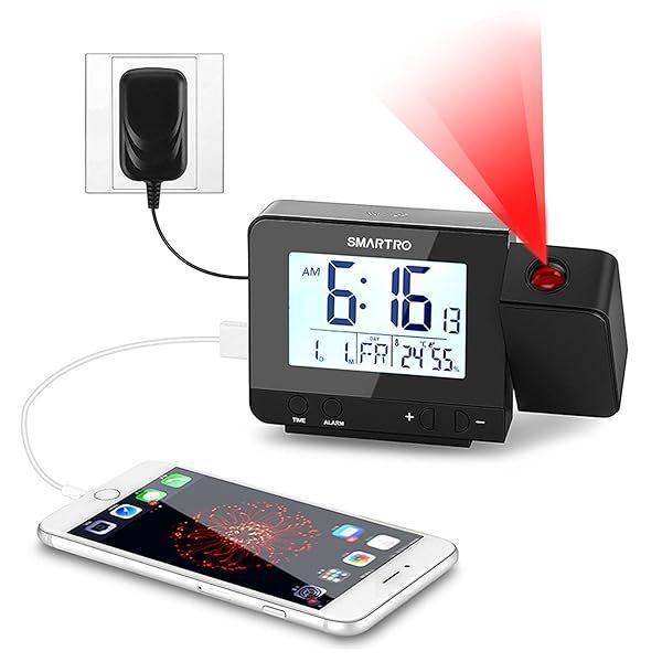SMARTRO Projection Alarm Clock: Digital Bedside Clock with Thermometer, USB Charger & Travel-Friendly Design