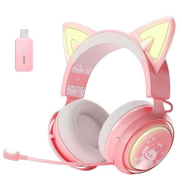 SOMIC GS510 Cat Ear Wireless Gaming Headset for PS5/PC - Pink, 7.1 Sound, RGB Lighting, 8Hrs Playtime, Retractable Mic