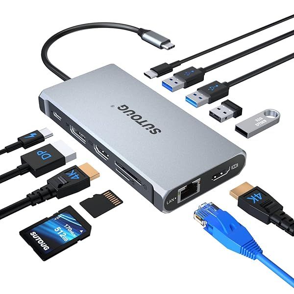 Buy SUTOUG 12-in-1 USB C Hub: Triple Display Docking Station for MacBook Pro & Windows - 100W PD, HDMI, SD/TF Reader, USB 3.0 Ports