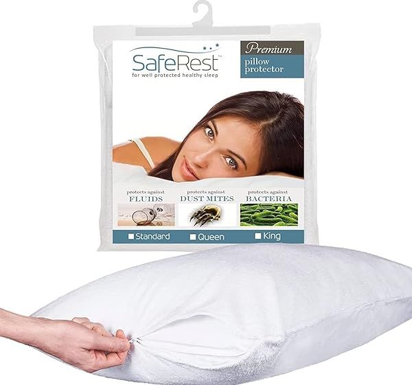 SafeRest Waterproof Pillow Protector - Standard Size Zippered Cover for Dorms & Apartments - Breathable Cotton Terry Encasement