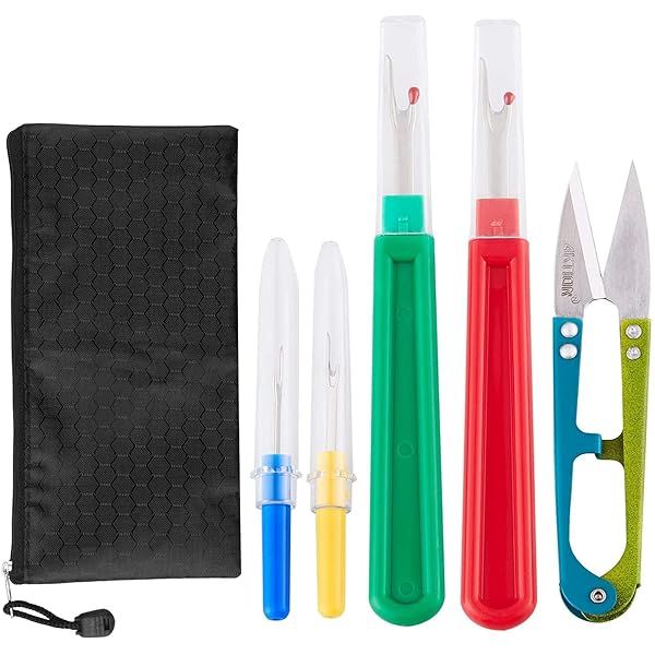 Seam Ripper & Thread Remover Kit: 2 Big & 2 Small Unpickers + Scissors for Easy Stitch Removal - Multi-Color Tools